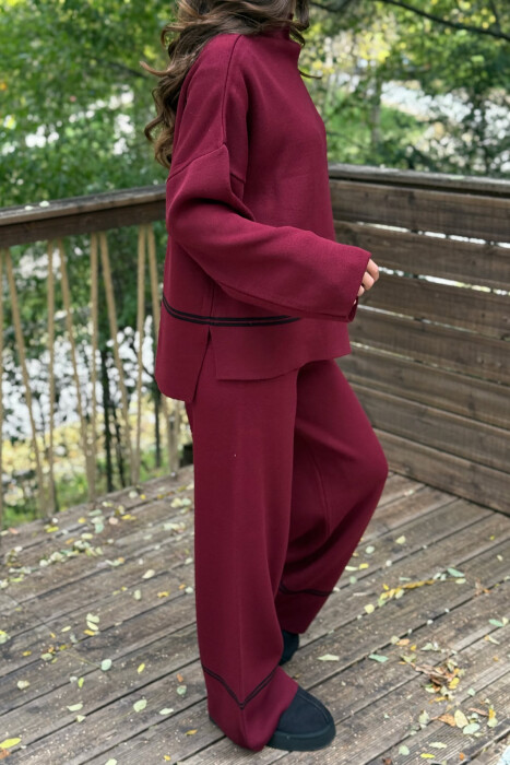 SWEATER+TROUSERS STRIPED WOMEN KNIT SET BURGUNDY/VISHNJE - 3