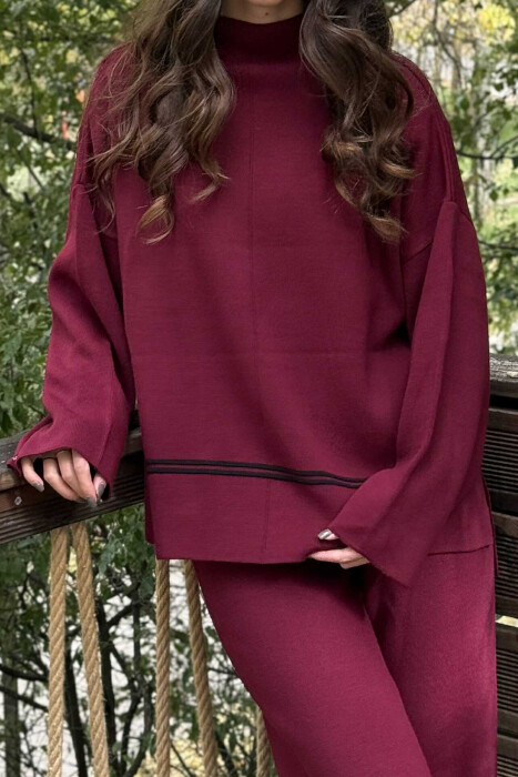 SWEATER+TROUSERS STRIPED WOMEN KNIT SET BURGUNDY/VISHNJE - 5