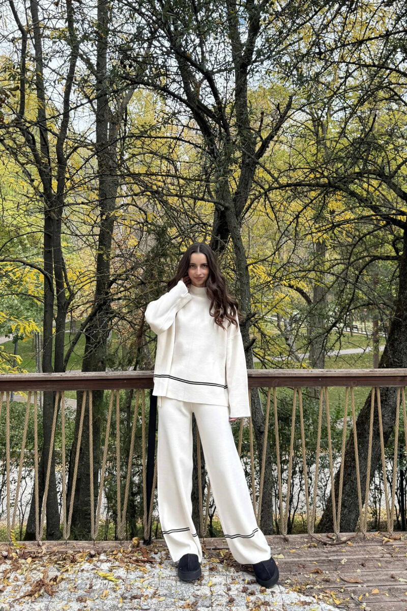 SWEATER+TROUSERS STRIPED WOMEN KNIT SET CREAM/KREM - 1