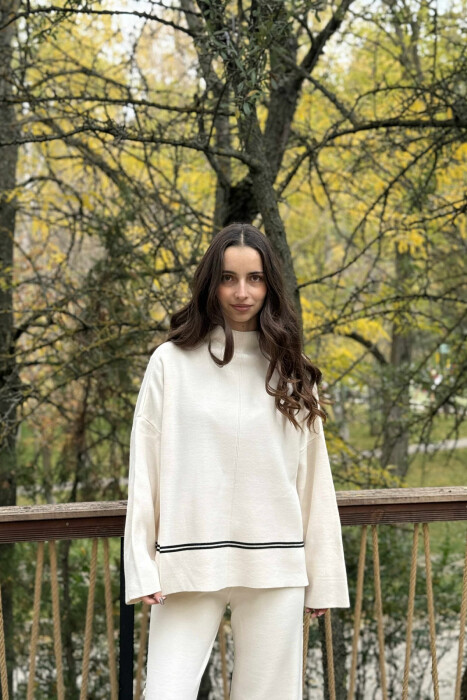 SWEATER+TROUSERS STRIPED WOMEN KNIT SET CREAM/KREM - 2