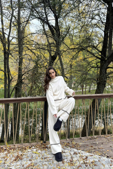 SWEATER+TROUSERS STRIPED WOMEN KNIT SET CREAM/KREM - 4