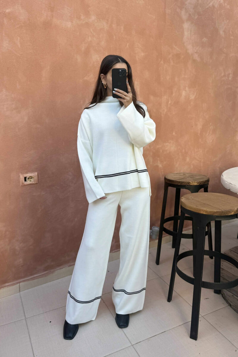 SWEATER+TROUSERS STRIPED WOMEN KNIT SET WHITE-E BARDHE - 1