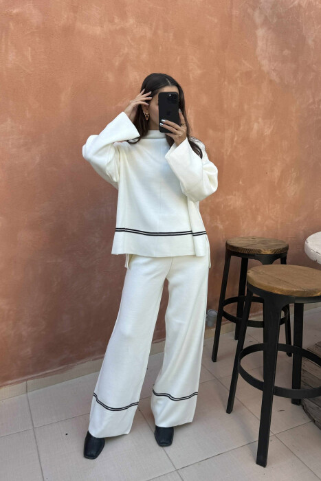 SWEATER+TROUSERS STRIPED WOMEN KNIT SET WHITE-E BARDHE - 4