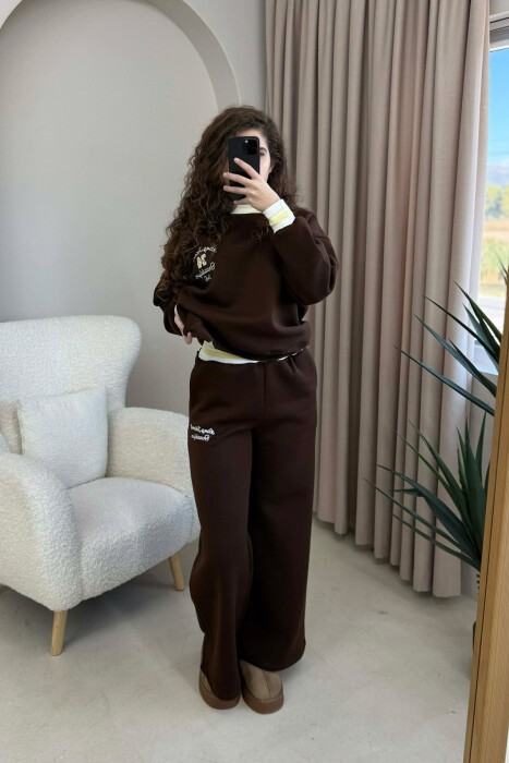 SWEATSHIRT+SWEATPANTS FLUFFY WOMEN SET DARK BROWN/KAE 