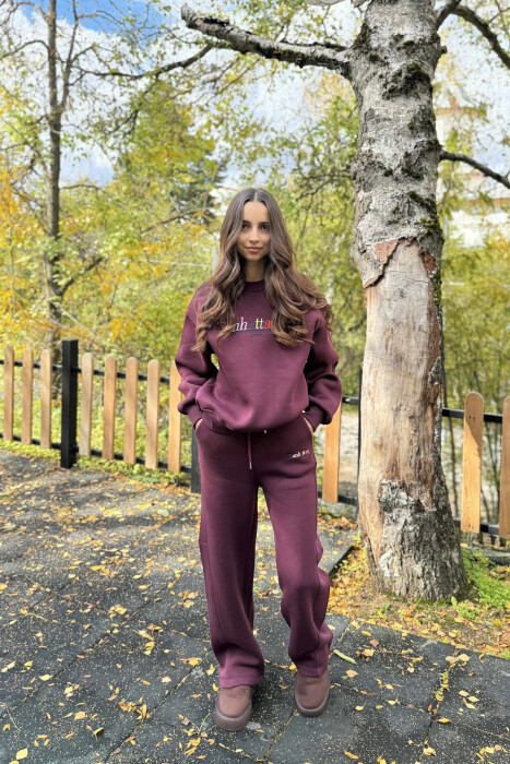SWEATSHIRT+SWEATPANTS WRITTINGS FLUFFY WOMEN SET BURGUNDY/VISHNJE 
