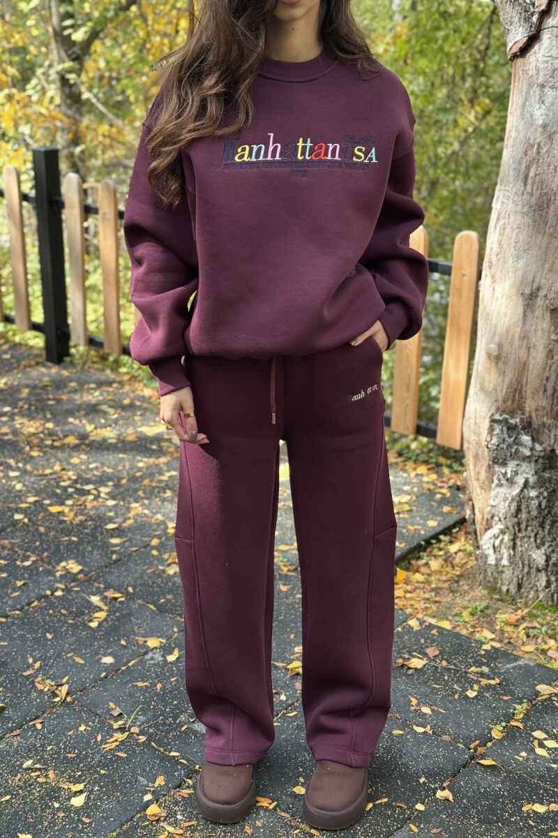SWEATSHIRT+SWEATPANTS WRITTINGS FLUFFY WOMEN SET BURGUNDY/VISHNJE - 4