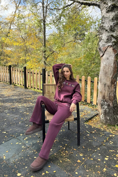 SWEATSHIRT+SWEATPANTS WRITTINGS FLUFFY WOMEN SET BURGUNDY/VISHNJE - 6
