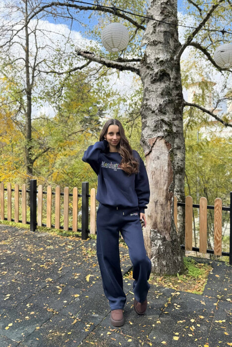 SWEATSHIRT+SWEATPANTS WRITTINGS FLUFFY WOMEN SET DARK BLUE/BEE - 5