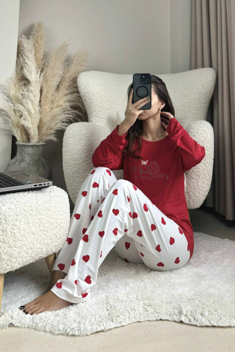 SWEATSHIRT+TROUSERS HEARTS DESIGNED WOMEN PYJAMAS RED/E KUQE - 6