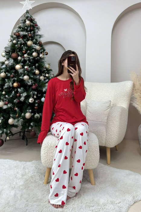 SWEATSHIRT+TROUSERS HEARTS DESIGNED WOMEN PYJAMAS RED/E KUQE - 1