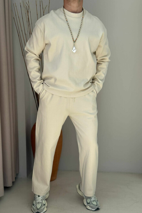 SWEATSHIRT+SWEATPANTS ONE COLOR MEN SET CREAM/KREM - 1