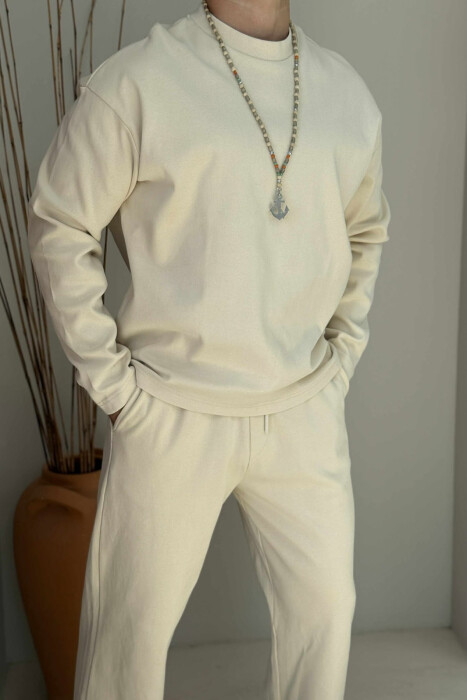 SWEATSHIRT+SWEATPANTS ONE COLOR MEN SET CREAM/KREM - 4