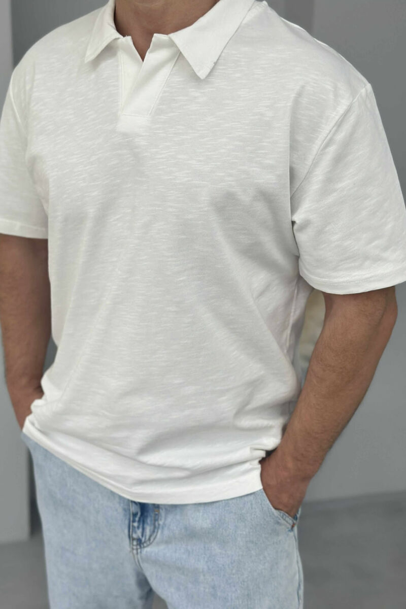 T-SHIRT I THJESHTË ME JAKË POLO PËR MESHKUJ NË NGJYRËN E BARDHË - 3
