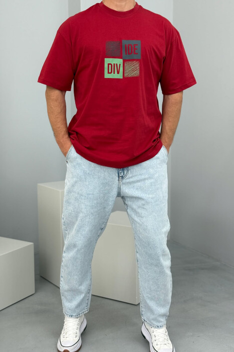 T-SHIRT I THJESHTË ME SHKRIME PËR MESHKUJ NË NGJYRËN VISHNJË - 1