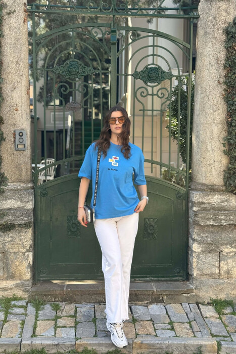 T-SHIRT ME IMAZH PARA & PAS PER FEMRA NE NGJYRE BLU + 6 PALE ÇORAPE DHURATE - 5