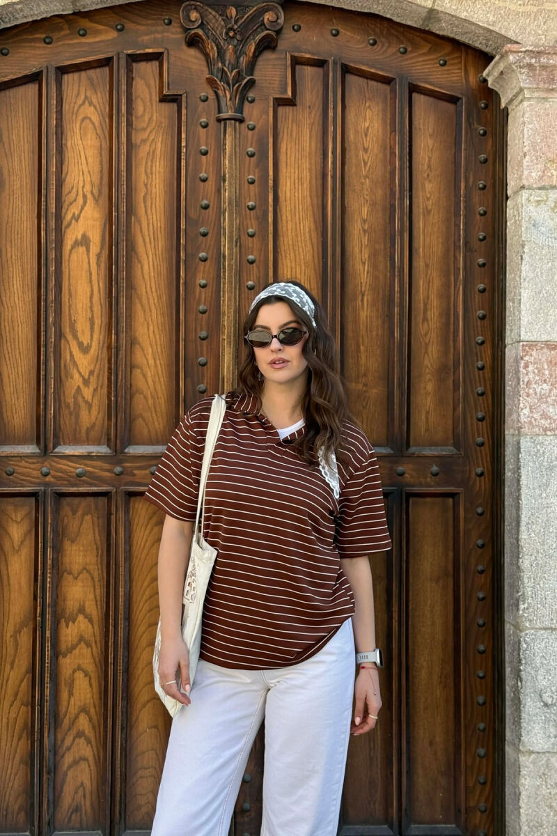 T-SHIRT ME VIJA ME JAKE POLO PER FEMRA + 6 PALE CORAPE DHURATE NE NGJYRE KAFE - 1