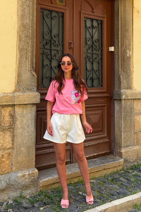 T-SHIRT ME XHEP ME QENDISJE PER FEMRA NE NGJYRE ROZE - 2