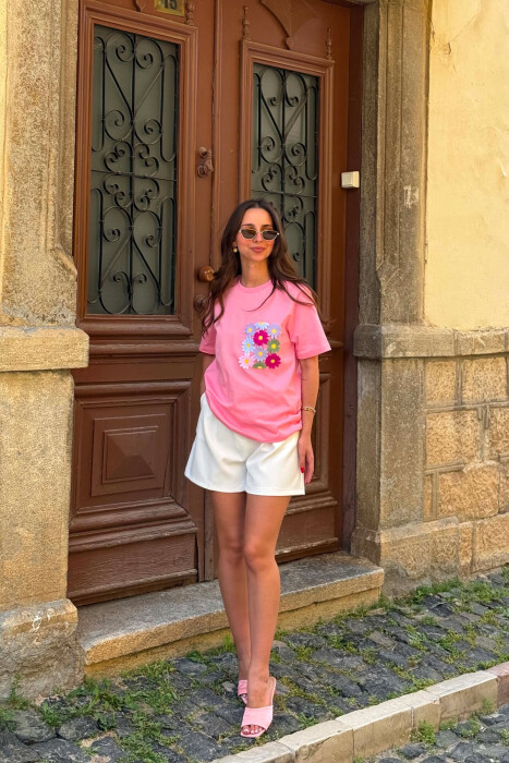 T-SHIRT ME XHEP ME QENDISJE PER FEMRA NE NGJYRE ROZE - 5