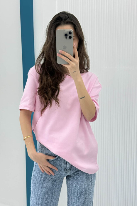 T-SHIRT NJË NGJYRËSH I THJESHTË PËR FEMRA NË NGJYRËN ROZË - 2