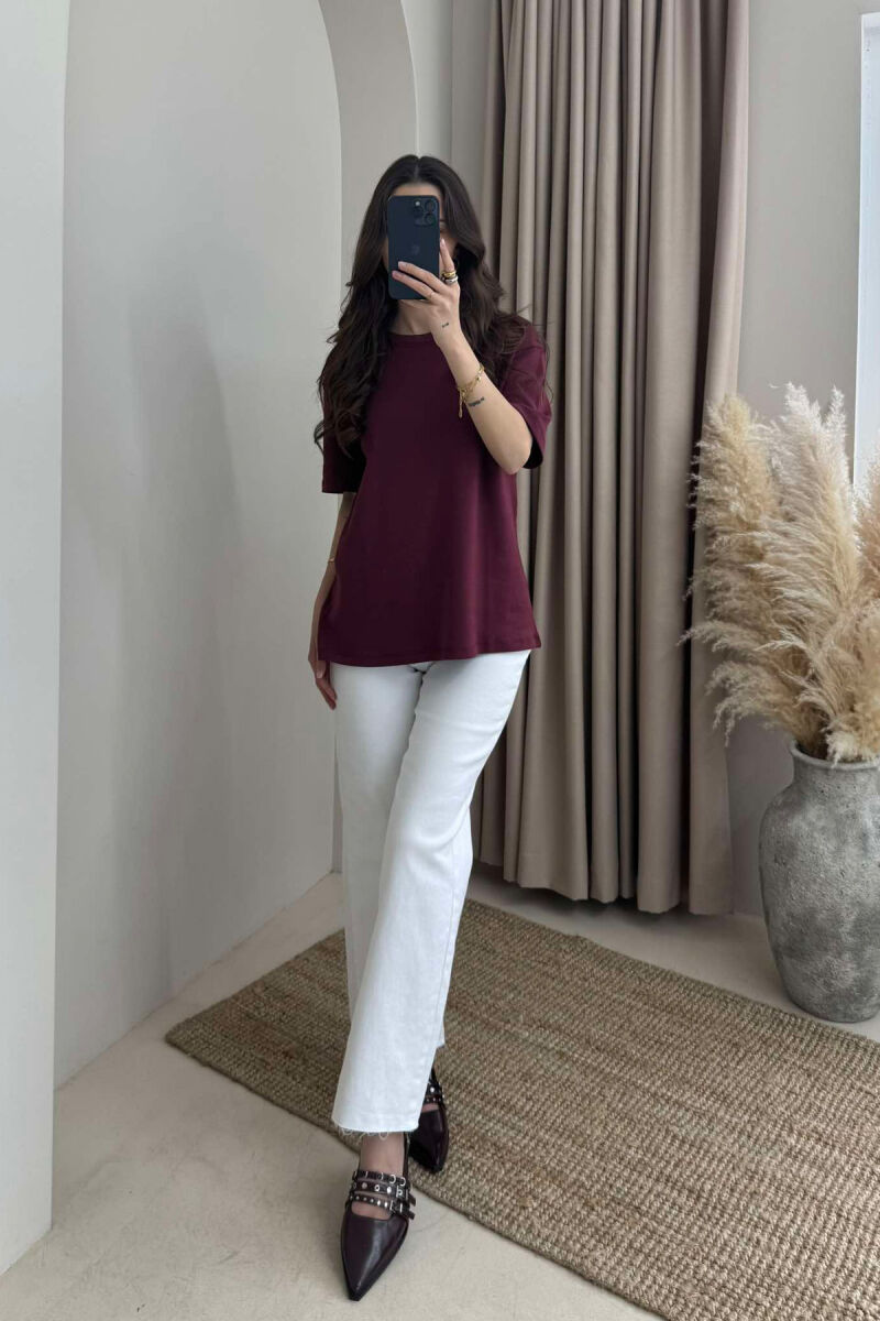 T-SHIRT NJË NGJYRËSH I THJESHTË PËR FEMRA NË NGJYRËN VISHNJË - 3