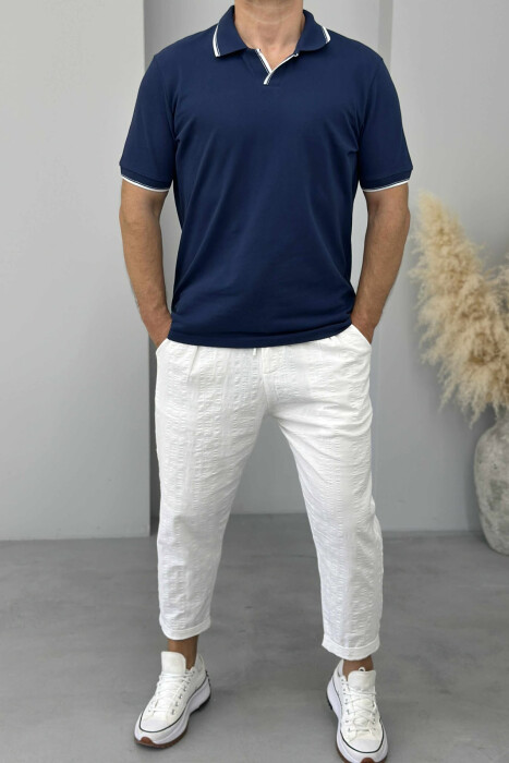 T-SHIRT NJË NGJYRËSH ME JAKË POLO PËR MESHKUJ NË NGJYRËN BLU - 2