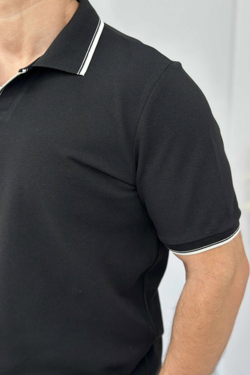 T-SHIRT NJË NGJYRËSH ME JAKË POLO PËR MESHKUJ NË NGJYRËN E ZEZË - 4