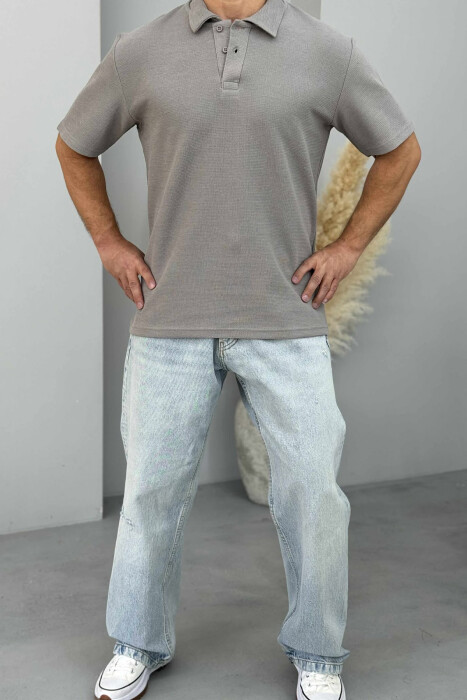 T-SHIRT NJË NGJYRËSH ME JAKË POLO PËR MESHKUJ NË NGJYRËN GRI - 1