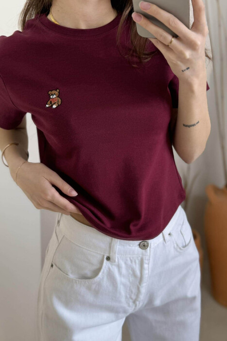 T-SHIRT NJË NGJYRËSH ME LOGON E ARUSHIT PËR FEMRA NË NGJYRËN VISHNJË - 3