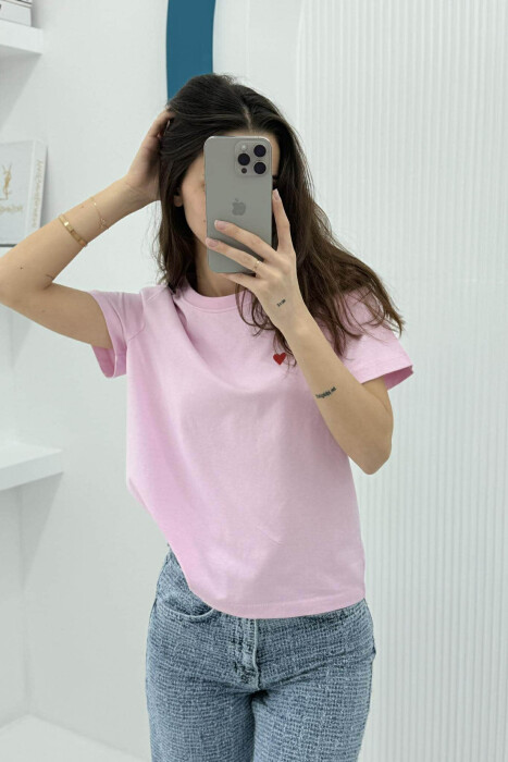 T-SHIRT NJË NGJYRËSH ME LOGON E ZEMRËS PËR FEMRA NË NGJYRËN ROZË - 4