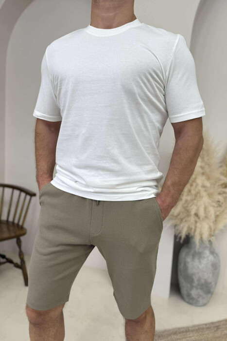 T-SHIRT+SHORTS ROUND NECK SIMPLE MEN SET CREAM-OLIVE - 2