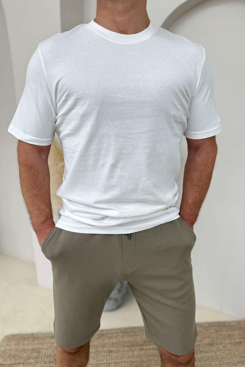 T-SHIRT+SHORTS ROUND NECK SIMPLE MEN SET CREAM-OLIVE - 4