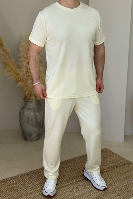T-SHIRT+SWEATPANTS ONE COLOR MEN SET CREAM/KREM 