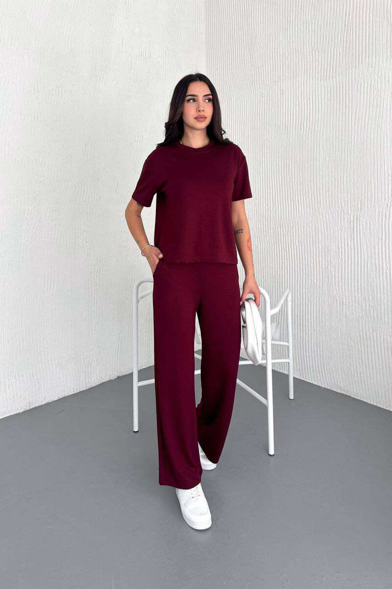 T-SHIRT+WIDE LEG SWEATPANTS ONE COLOR WOMEN SET BURGUNDY/VISHNJE - 1