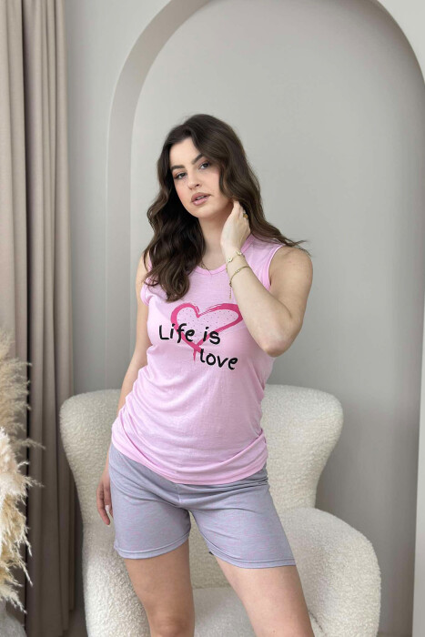 TANK TOP+SHORTS WRITTINGS HEART WOMEN PYJAMAS PINK/ROZE - KLAUDIO FASHION