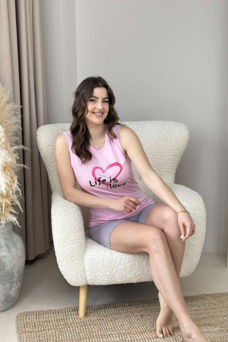 TANK TOP+SHORTS WRITTINGS HEART WOMEN PYJAMAS PINK/ROZE - 3
