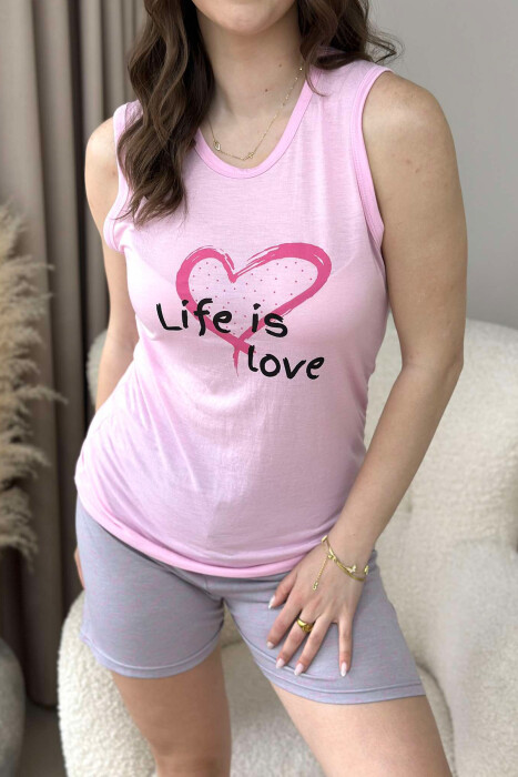 TANK TOP+SHORTS WRITTINGS HEART WOMEN PYJAMAS PINK/ROZE - 4