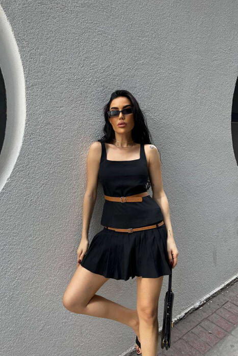 TANK TOP+SKORT BELT DETAILS WOMEN SET BLACK/ E ZEZE - KLAUDIO FASHION