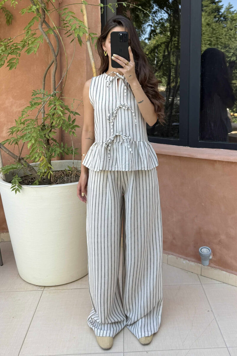 TANK TOP+TROUSERS STRIPED LACINGS WOMEN SET CREAM+BLACK/KREM+ZEZE - 1