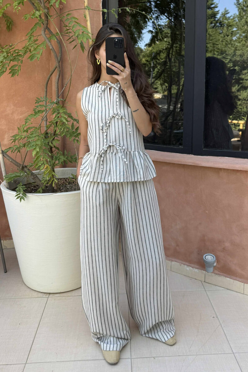 TANK TOP+TROUSERS STRIPED LACINGS WOMEN SET CREAM+BLACK/KREM+ZEZE - 2