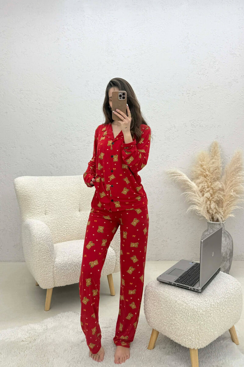 TEDDY BEAR DESIGN SHIRT+TROUSERS WOMEN PYJAMAS RED/E KUQE - 1