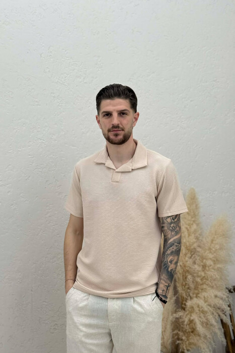 TEXTURED POLO NECK MEN T-SHIRT BEIGE/BEZHE - 1