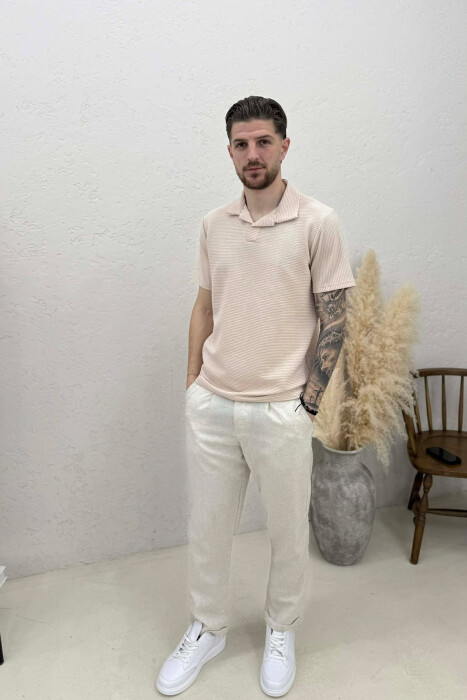 TEXTURED POLO NECK MEN T-SHIRT BEIGE/BEZHE - 2