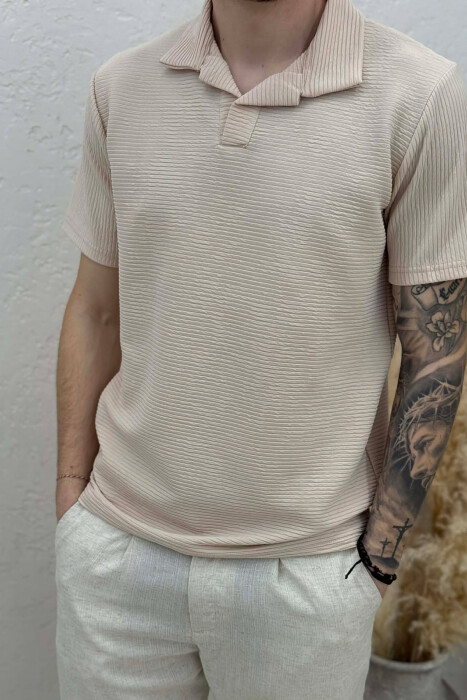 TEXTURED POLO NECK MEN T-SHIRT BEIGE/BEZHE - 3