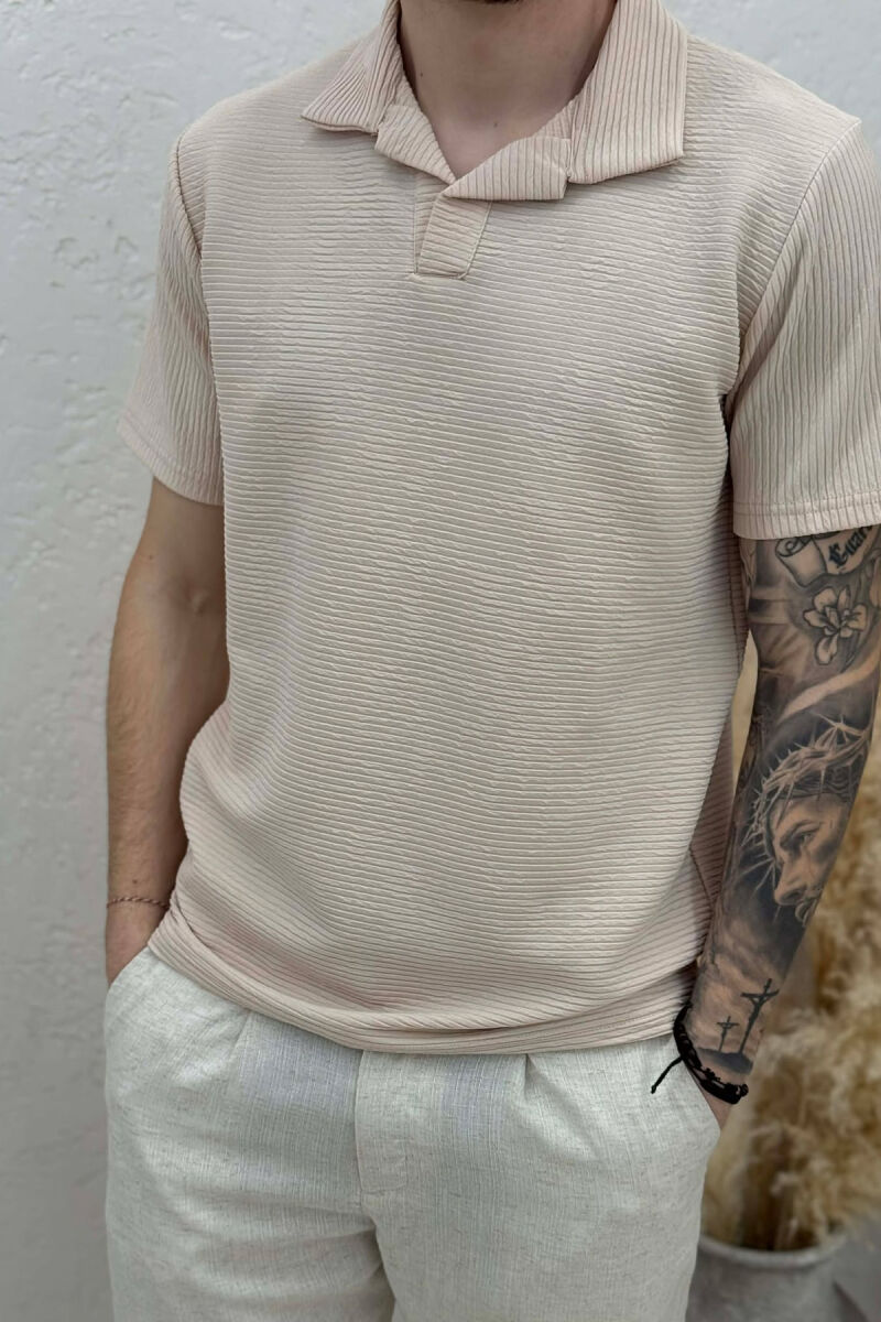 TEXTURED POLO NECK MEN T-SHIRT BEIGE/BEZHE - 3