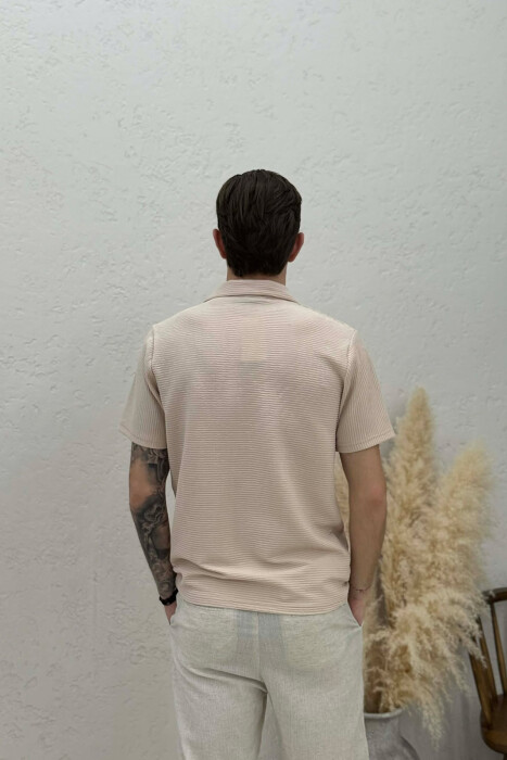 TEXTURED POLO NECK MEN T-SHIRT BEIGE/BEZHE - 4