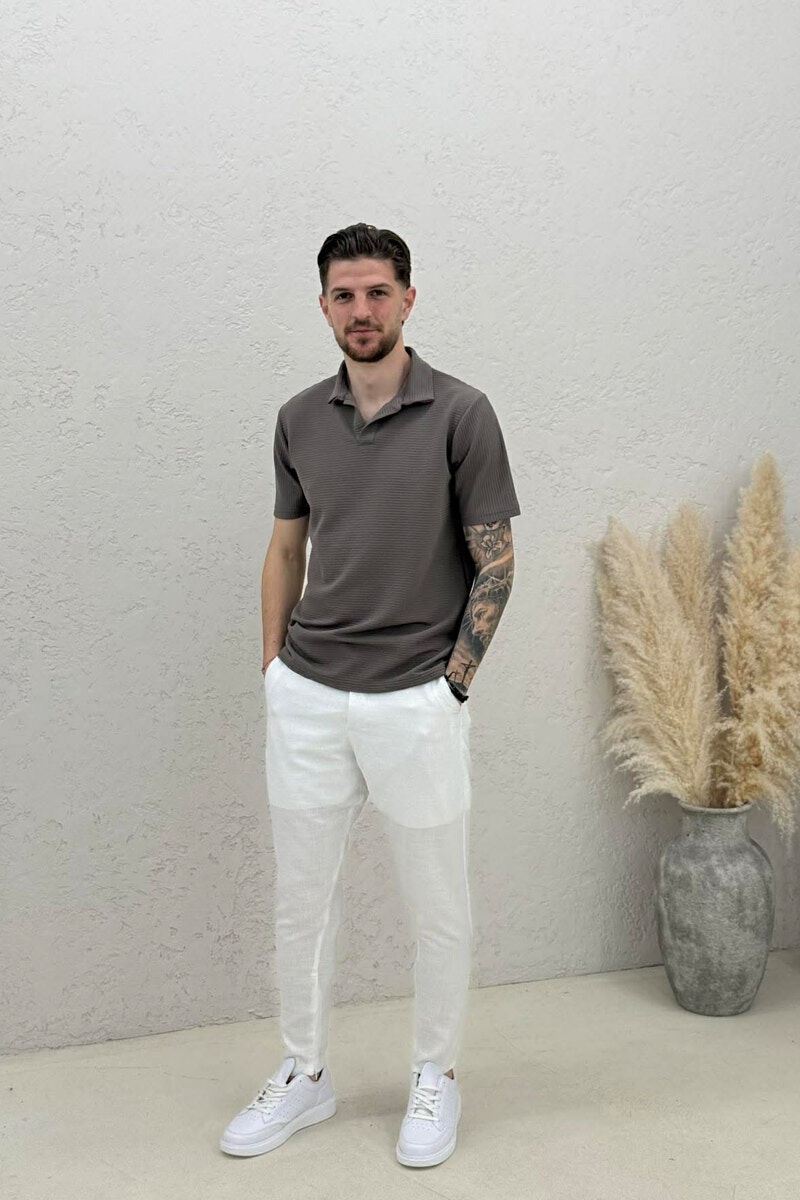 TEXTURED POLO NECK MEN T-SHIRT DARK GREY/GEE - 2