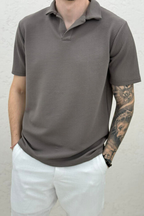 TEXTURED POLO NECK MEN T-SHIRT DARK GREY/GEE - 3