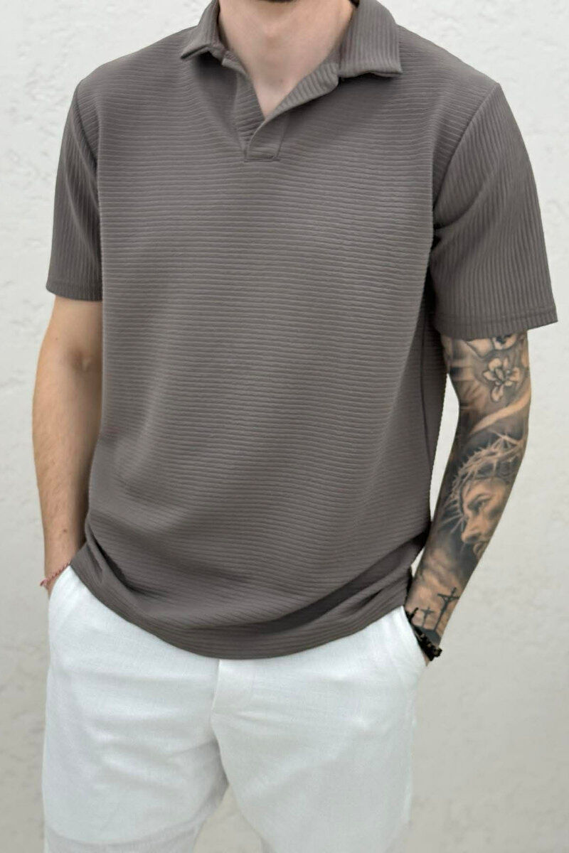 TEXTURED POLO NECK MEN T-SHIRT DARK GREY/GEE - 3