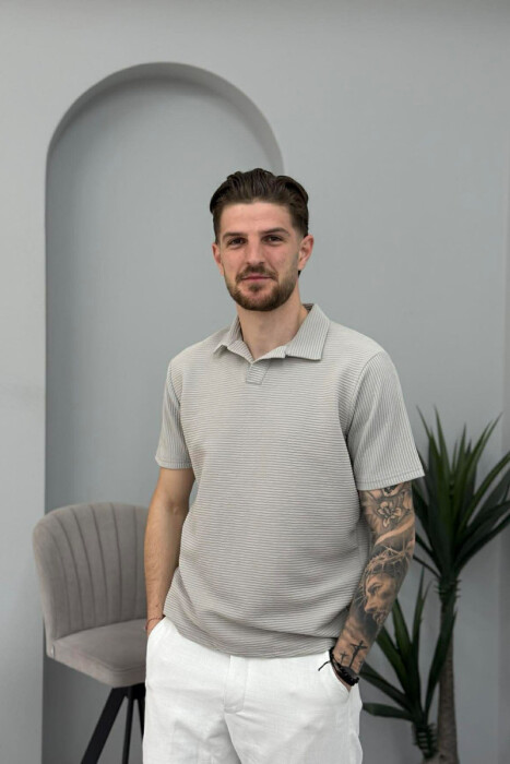 TEXTURED POLO NECK MEN T-SHIRT LIGHT GREY/GZ - 