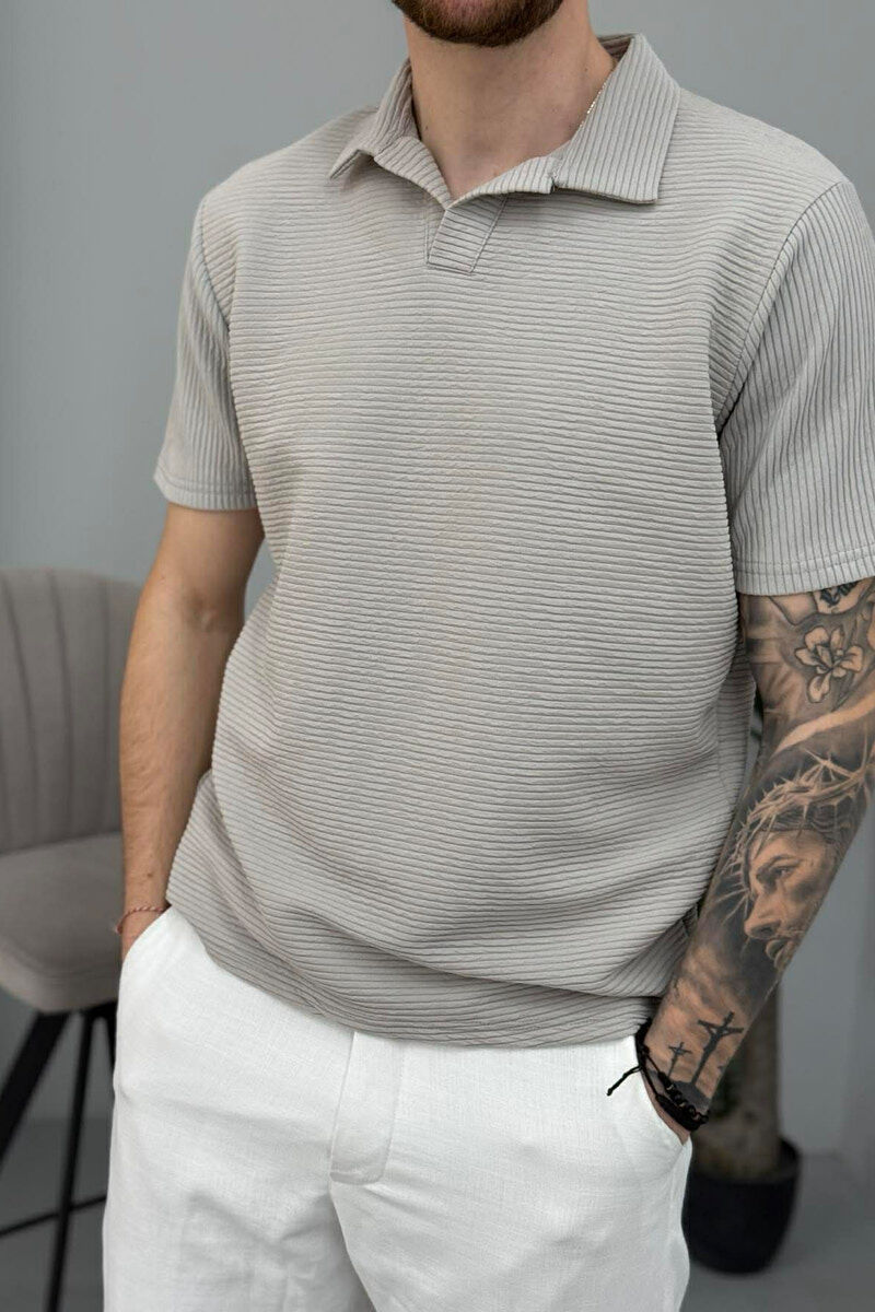 TEXTURED POLO NECK MEN T-SHIRT LIGHT GREY/GZ - 3